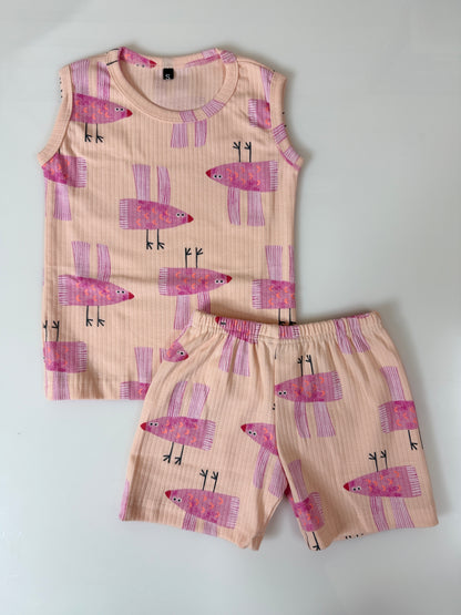 Peach Bird Print Sleeveless Kids Co-ords