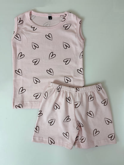 Baby Pink Heart Print Sleeveless Kids Co-ords