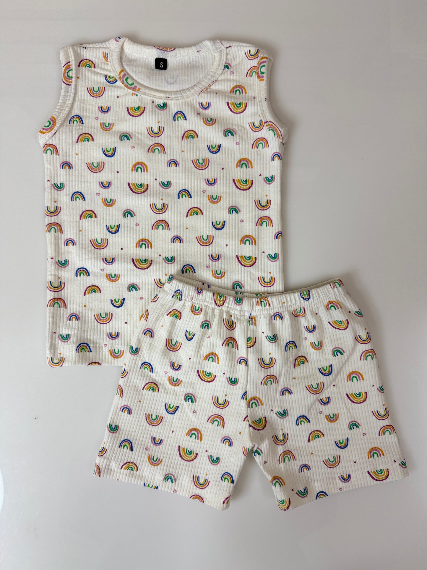 Cream Rainbow Print Sleeveless Kids Co-ords