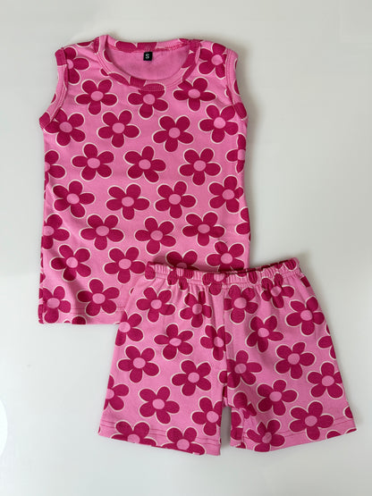 Pink Floral Print Sleeveless Kids Co-ords