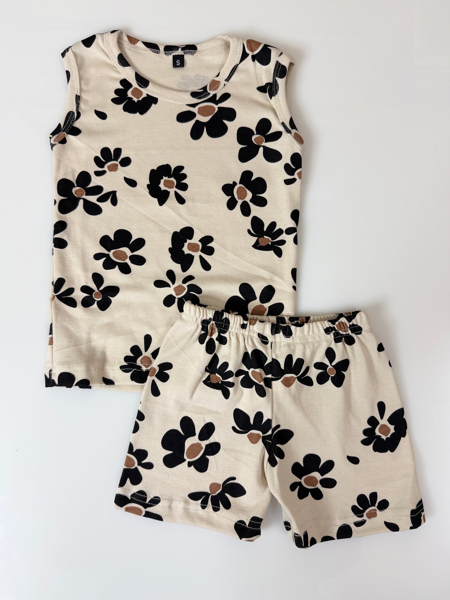 Beige Black Floral Print Sleeveless Kids Co-ords