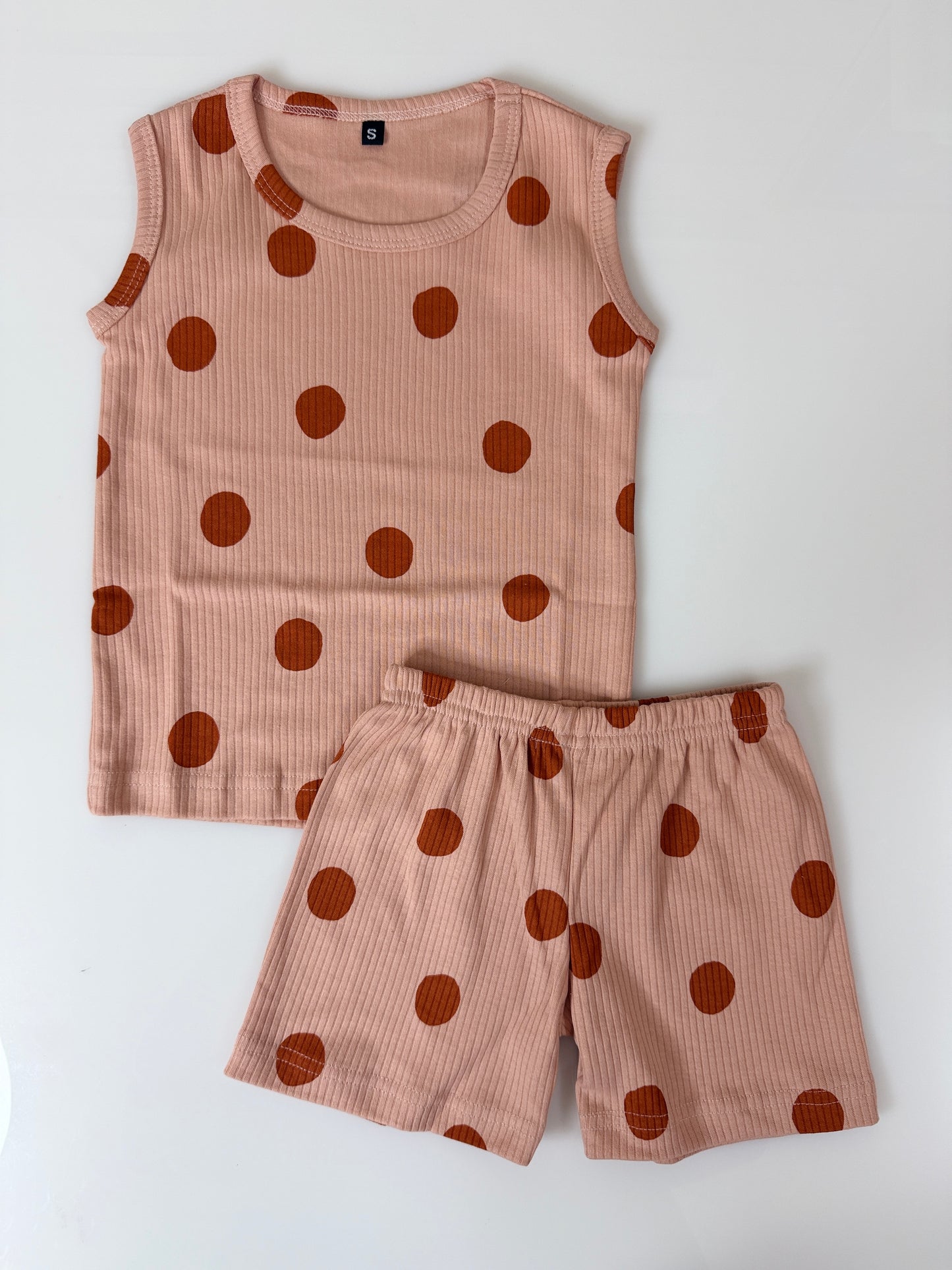 Peach Polka Dot Print Sleeveless Kids Co-ords