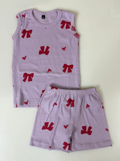 Lavender Bow Print Sleeveless Kids Co-ords