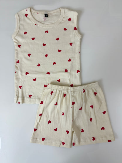Cream Heart Print Sleeveless Kids Co-ords