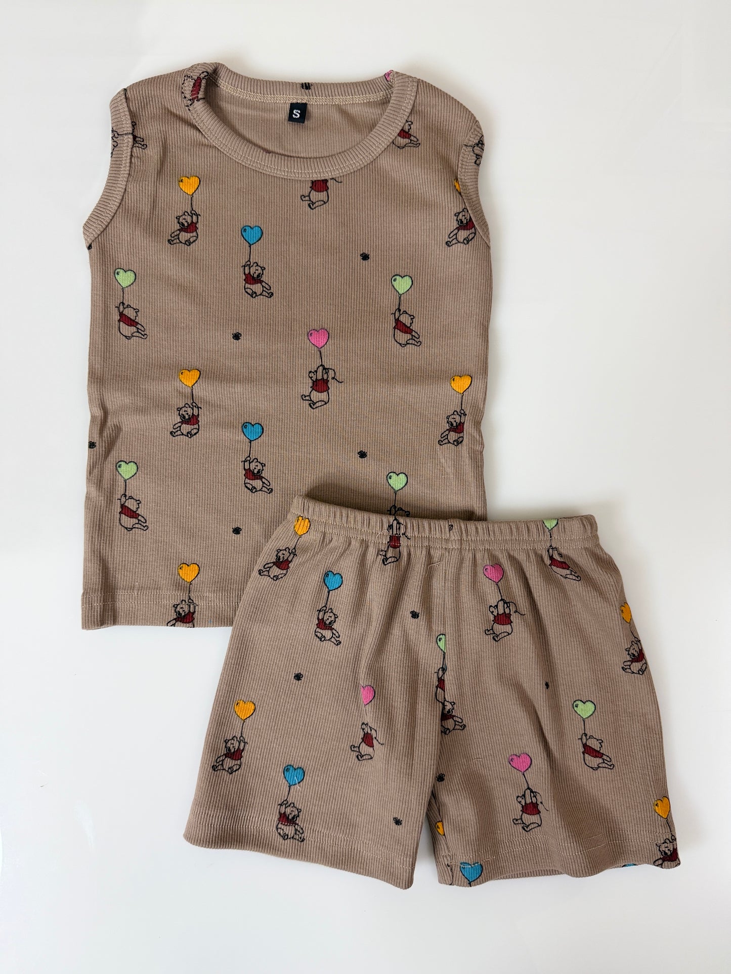 Brown Teddy Balloon Print Sleeveless Kids Co-ords