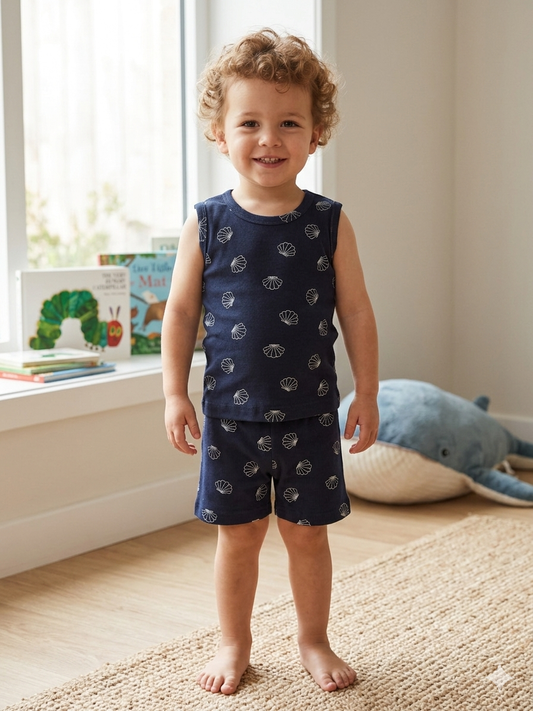 Navy Shell Print Sleeveless Kids Co-ords