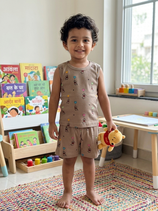 Brown Teddy Balloon Print Sleeveless Kids Co-ords
