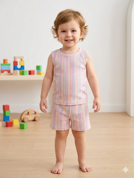 Multicolor Stripe Print Sleeveless Kids Co-ords