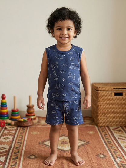 Navy Animal Print Sleeveless Kids Co-ords