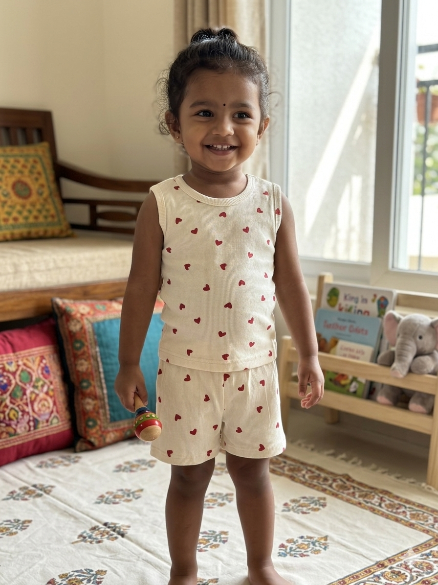 Cream Heart Print Sleeveless Kids Co-ords