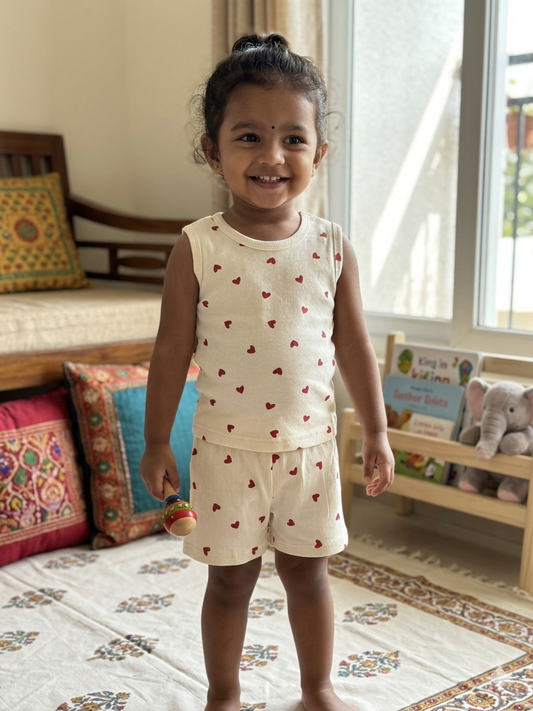 Cream Heart Print Sleeveless Kids Co-ords