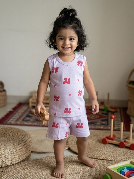 Lavender Bow Print Sleeveless Kids Co-ords
