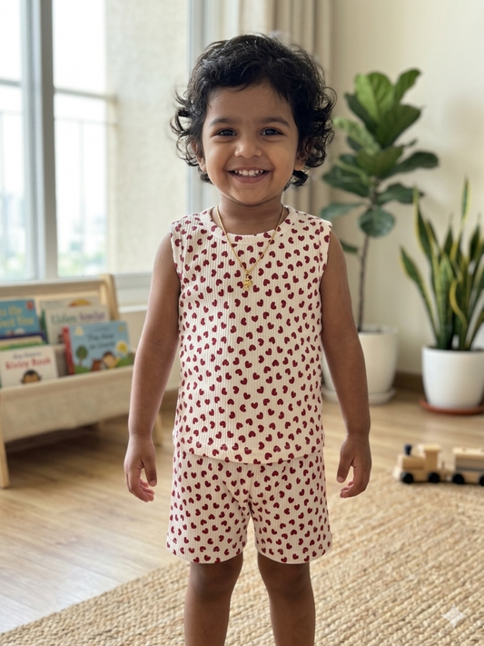 Cream Heart Print Sleeveless Kids Co-ords