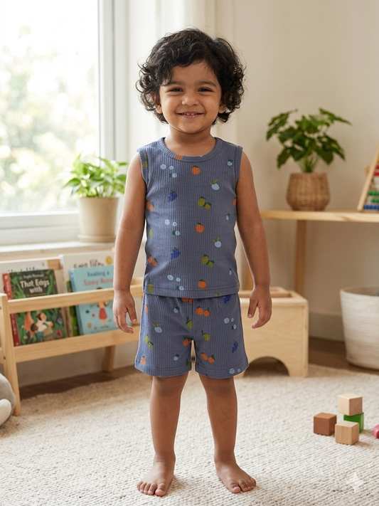 Blue Fruit Print Sleeveless Kids Co-ords