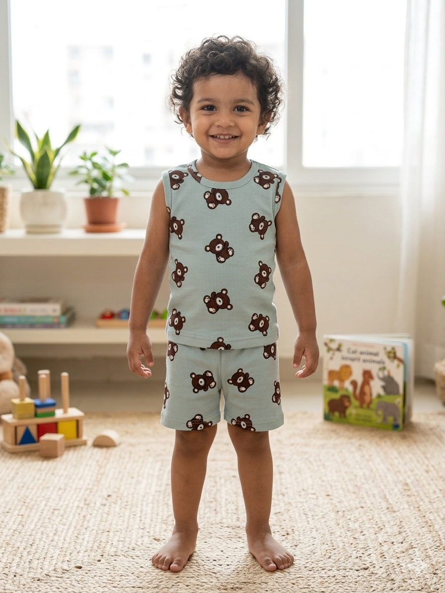 Mint Green Teddy Bear Print Sleeveless Kids Co-ords