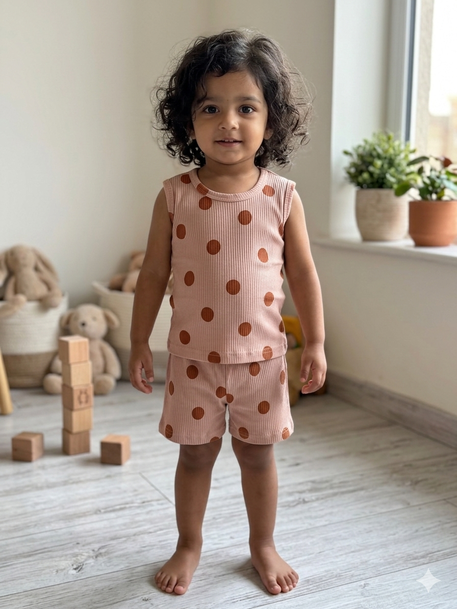 Peach Polka Dot Print Sleeveless Kids Co-ords
