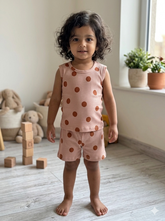 Peach Polka Dot Print Sleeveless Kids Co-ords