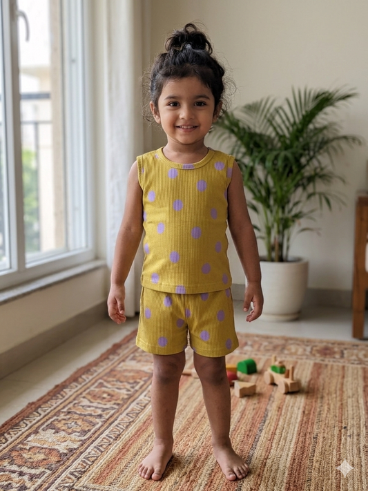 Mustard Polka Dot Print Sleeveless Kids Co-ords