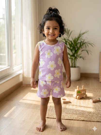 Lavender Daisy Floral Print Sleeveless Kids Co-ords