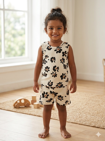 Beige Black Floral Print Sleeveless Kids Co-ords