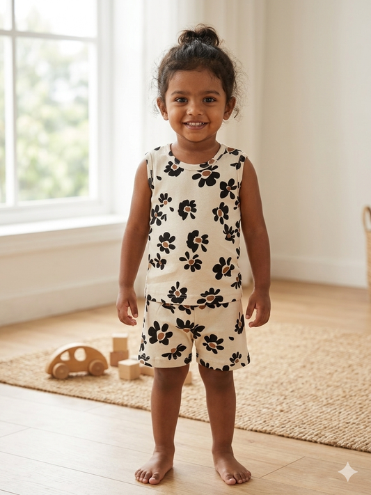 Beige Black Floral Print Sleeveless Kids Co-ords