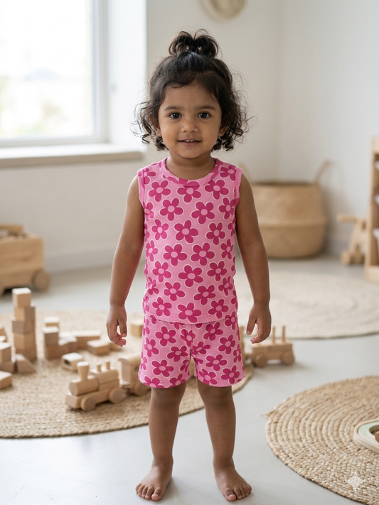 Pink Floral Print Sleeveless Kids Co-ords
