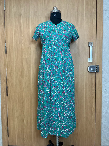 Teal Pink Flower Printed Lounge Frock
