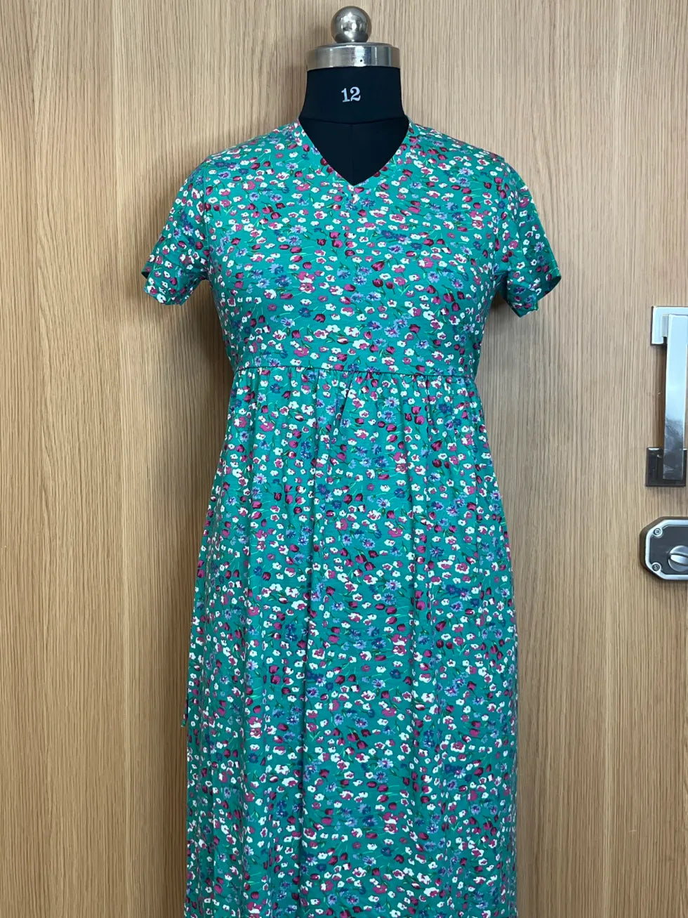 Teal Pink Flower Printed Lounge Frock