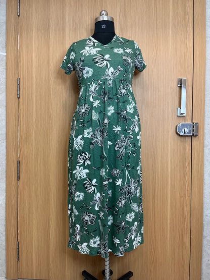 Green White Flower Printed Lounge Frock