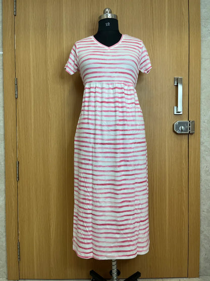 White Pink Stripes Printed Lounge Frock