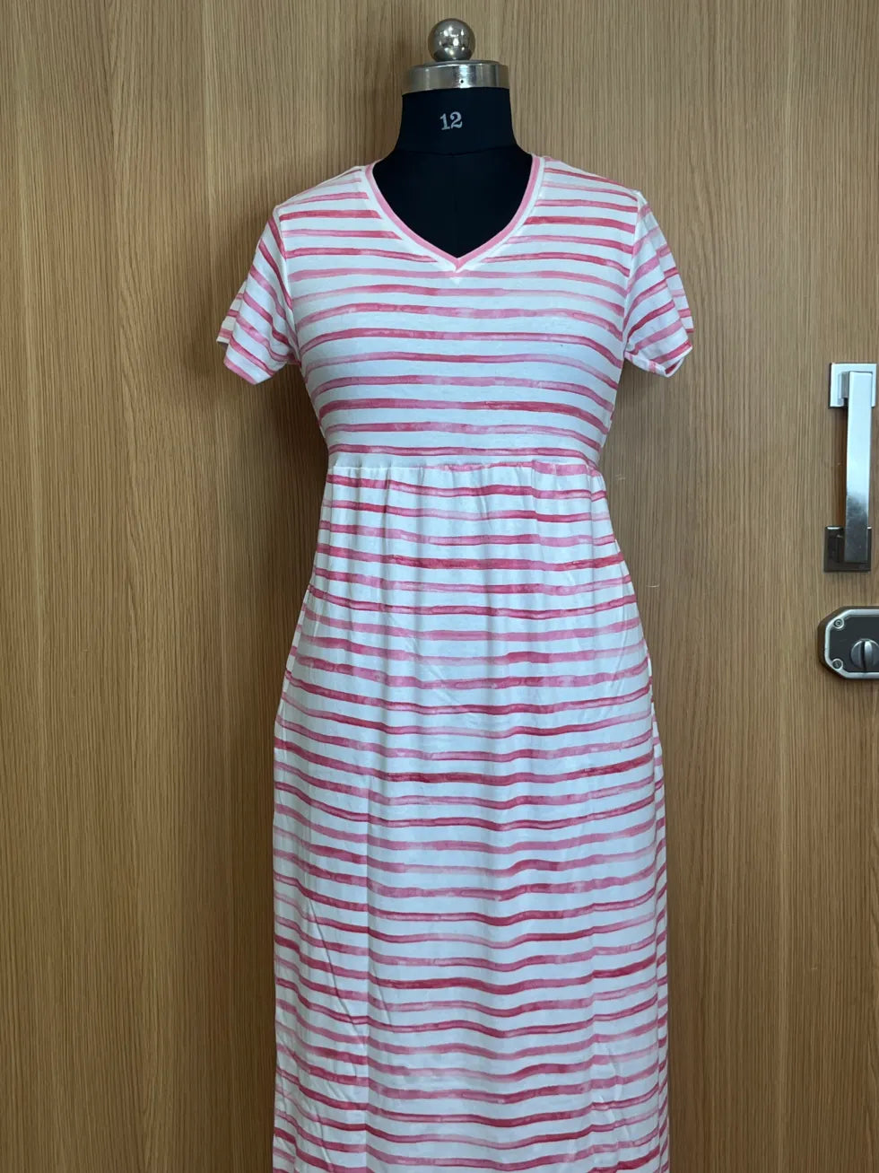 White Pink Stripes Printed Lounge Frock