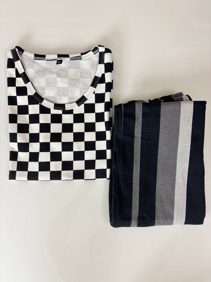 Black & White Checkered Print T-Shirt and Pant Set