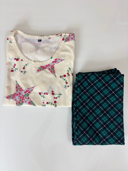 Cream Floral Star Print T-Shirt and Pant Set