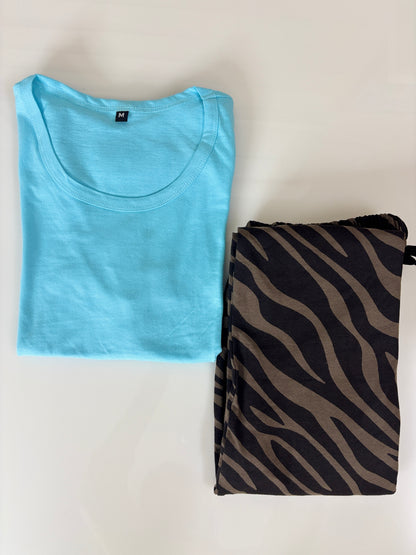 Sky Blue Zebra Print T-Shirt and Pant Se
