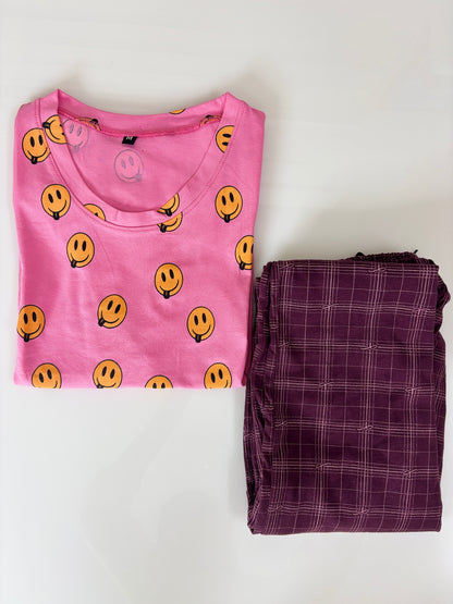 Pink Smiley Face Print T-Shirt and Pant Set