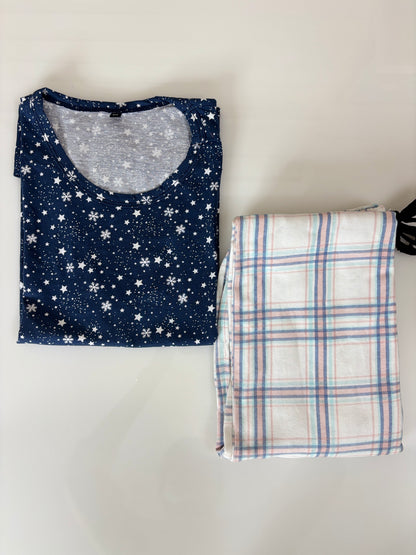 Navy Star Snowflake Print T-Shirt and White Plaid Pant Set