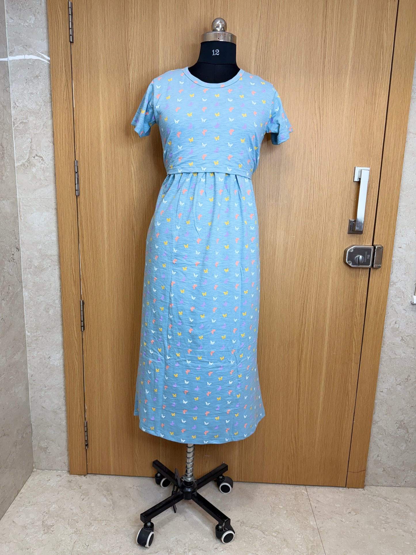 Light Blue Butterfly Print Maternity Feeding Maxi