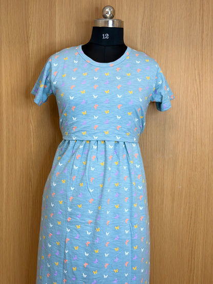 Light Blue Butterfly Print Maternity Feeding Maxi