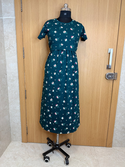 Dark Green Floral Print Maternity Feeding Maxi