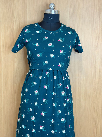 Dark Green Floral Print Maternity Feeding Maxi