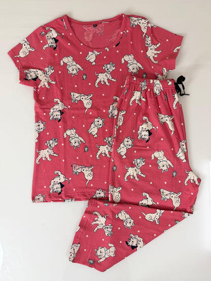 Pink Cartoon Puppy Print T-Shirt and 3/4th Coords