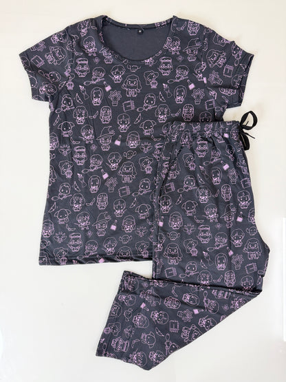 Charcoal Cartoon Character Print T-Shirt and 3/4th Coords