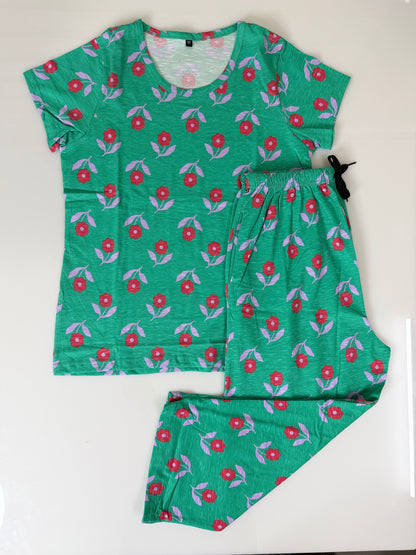 Green Floral Print T-Shirt and 3/4th Coords