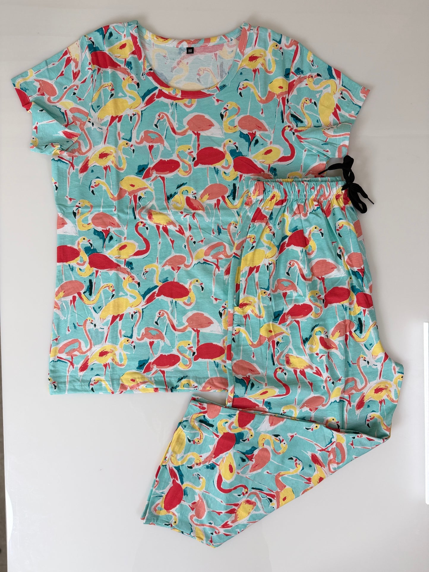 Aqua Flamingo Print T-Shirt and 3/4th Coords