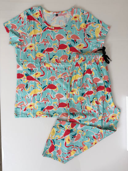 Aqua Flamingo Print T-Shirt and 3/4th Coords
