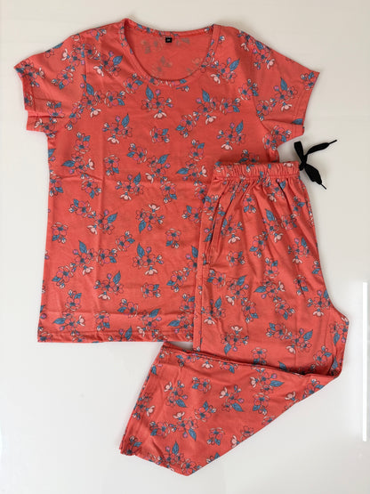 Coral Floral Print T-Shirt and 3/4th Coords