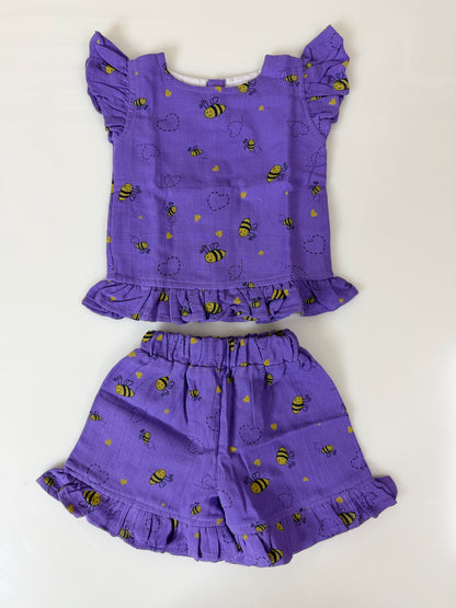 Purple Bee Print Top and Shorts Coords