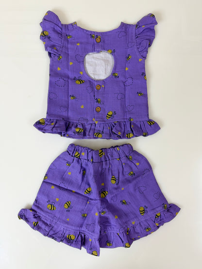 Purple Bee Print Top and Shorts Coords