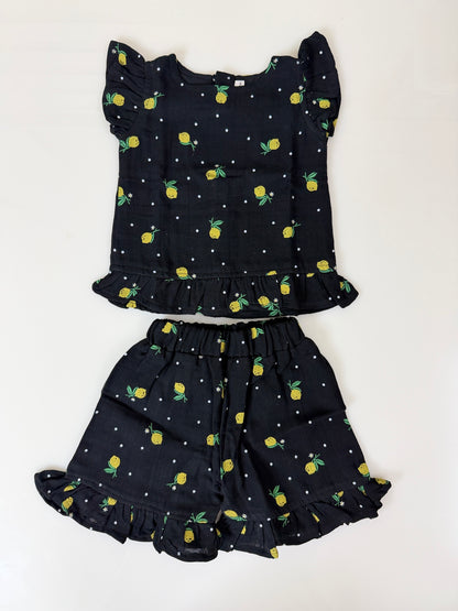 Black Lemon Print Top and Shorts Coords