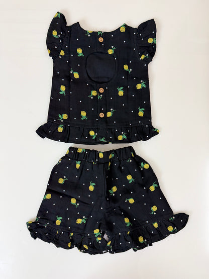 Black Lemon Print Top and Shorts Coords